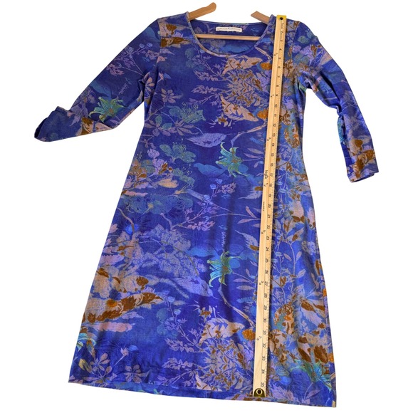 Peruvian Connection Blue Floral Botanical Jersey Sheath Dress 3/4 Sleeve Size M - Picture 4 of 6